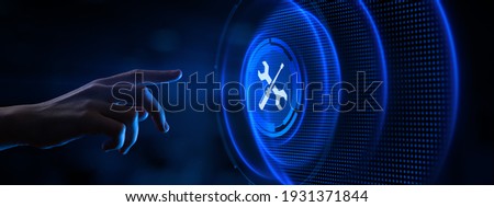 Technical support customer service guarantee quality assurance. Hand pressing button on virtual screen.