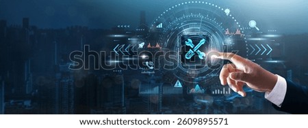 Technical Support: Businessman’s hand touching futuristic technological interface, troubleshooting systems, resolving issues, enhancing performance, improving business operations, technology concept.
