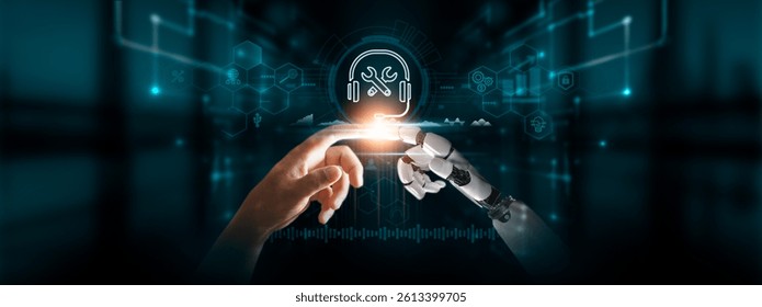 Technical Support: Hands of Robot and Human Touch Technical Support Icon of Global Networking, Assistance in Troubleshooting, Implementation of Cutting-Edge Digital Technologies of Future.
