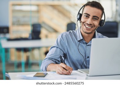 Technical support, laptop and portrait of man in office with notes for insurance quote on policy. Documents, contact us and male call center agent with computer for online corporate crm consultation. - Powered by Shutterstock