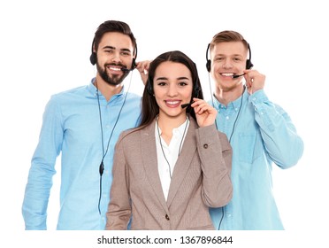 Technical support operators with headsets isolated on white