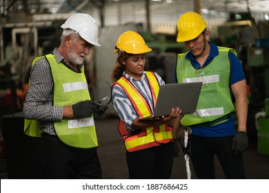 Technical Team Machine Security System Learning.factory Manufacturing .Industry Worker Man Standing In Factory .Employee Warehouse Factory Operators. Women Black Worker In Factory And Engineering Team