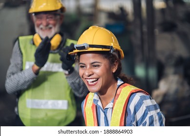 Technical team machine security system learning. Industry worker man standing in factory .Employee warehouse factory operators. women black worker happiness in factory and engineering team. - Shutterstock ID 1888864903