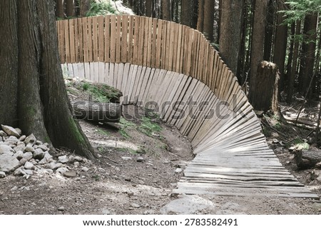 Technical trail feature or TTF on BC biking trail. Curved wood boardwalk with banked berm corner in North Vancouver rainforest. Advanced mountain biking structure. Selective focus.