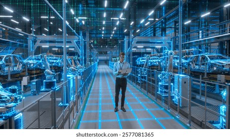 Technician Activates Futuristic Automotive Factory, Warehouse Construction of Robotic Arms and Vehicle Frames. Advanced Manufacturing Visualization Digital Twin Technology and Smart Production System