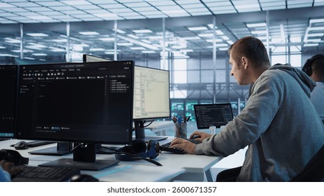 Technician arriving at work in high tech server room, analyzing data on monitors, ensuring seamless data flow. Man starting job shift in data center, ensuring system integrity and security, camera B
