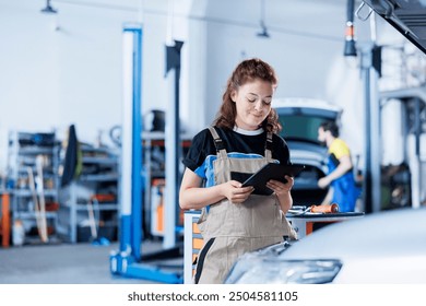 Technician in car service uses tablet to calculate invoice for client after repairing steering mechanism. Experienced expert in garage calculating final costs after servicing customer vehicle - Powered by Shutterstock - Get 15% off with code: PIKWIZARD15
