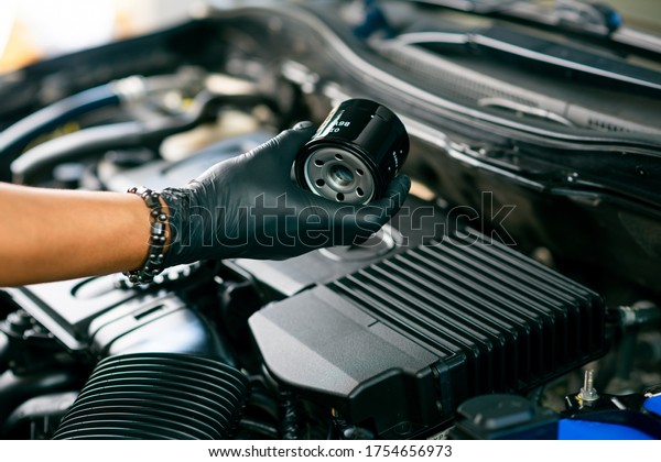Technician change car oil filter, automotive\
spare part. Car maintenance\
concept.