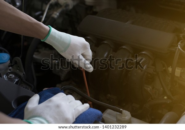 Technician is checking the engine oil. \
Check\
engine before traveling,\
Close-up.