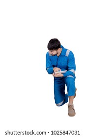 Technician checking on a blank space isolated over white