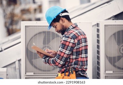 Technician, checklist and air conditioning inspection on roof for safety, power and maintenance. Engineer, black man and paperwork for hvac system, ac repair or quality assurance for sustainability - Shutterstock ID 2291908163