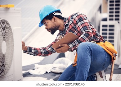 Technician, clipboard or air conditioning inspection on rooftop for safety, power or maintenance. Electrician, black man or paperwork on hvac system, ac repair or quality assurance for sustainability - Shutterstock ID 2291908145
