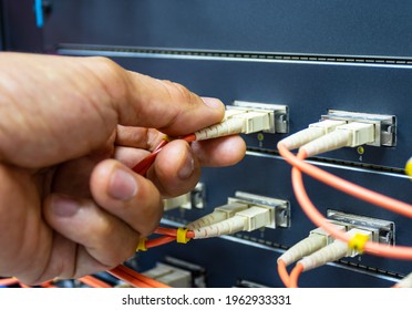 Technician connect fiber cable network to switch port in server room, Concept internet network management - Powered by Shutterstock