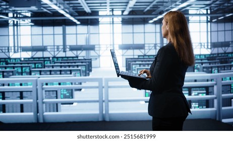 Technician doing yearly maintenance checkup using laptop to prolong data center hardware life span. IT specialist in server hub monitoring server infrastructure using notebook, camera B - Powered by Shutterstock