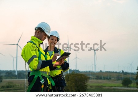 Technician and Engineer Working on a Windmill Turbine in the Field, Harnessing Renewable Energy for Sustainable Power Generation, Using Advanced Technology and Innovation to Support the Environmental