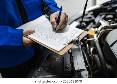A technician evaluates a vehicle's condition, taking notes on a clipboard during a routine inspection at an auto repair facility, ensuring proper maintenance.