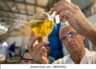 Technician examining olive oil in factory - Powered by Shutterstock