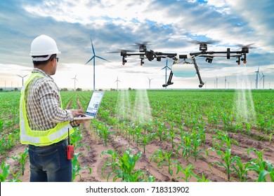 Technician farmer use wifi computer control agriculture drone fly to sprayed fertilizer on the corn fields
