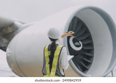 Technician fixing the engine of the airplane,Female aerospace engineering checking aircraft engines,Asian mechanic maintenance inspects plane engine - Powered by Shutterstock