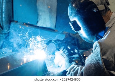 A technician is focused on welding metal components in a boiler room, surrounded by a dark atmosphere. Sparks illuminate the space as safety measures are prioritized. - Powered by Shutterstock