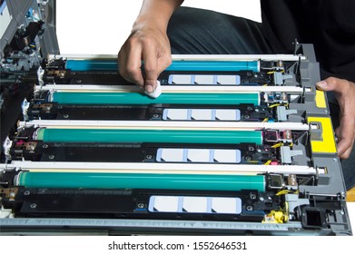 Technician Hand Cleaning Color Copier Drum In Overhaul Process On  Isolate Background