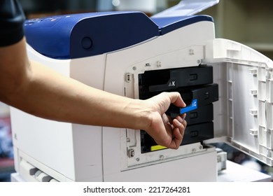 Technician Hand Open Cover Photocopier Or Photocopy To Fix Paper Jam And Replace Ink Cartridges For Scanning Fax Or Copy Document In Office Workplace.