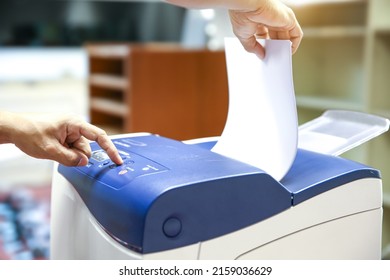 Technician Hand Press Button And Load Paper In Tray To Using Photocopier For Scanning Fax Or Photocopy Or Copy Document After Repairing Paper Jam Or Change Toner Cartridge In Office Workplace.