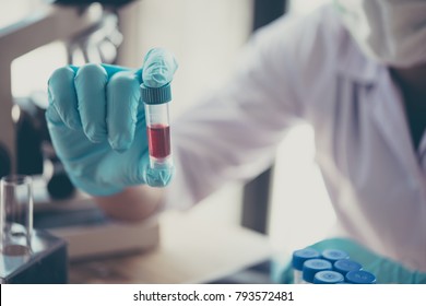 Technician Of Health With Blood Tubes In The Clinical Lab For Analytical , Medical, Pharmaceutical And Scientific Research And Development Concept.