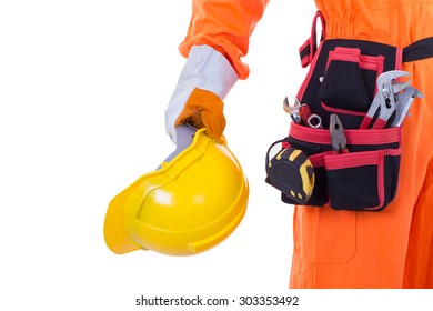 Technician Holding A Helmet On A White Background.