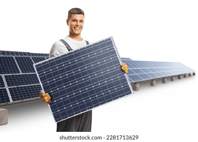 Technician holding a solar panel at a solar field isolated on white background - Shutterstock ID 2281713629