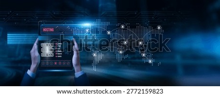 Technician holding a tablet with hosting data on the screen: web server application deployment cloud infrastructure website monitoring performance optimization uptime scalability digital services.