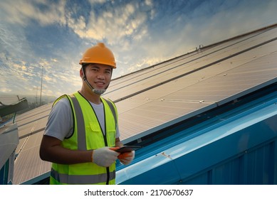 Technician Inspecting Solar Panel Maintenance On Hospital Roof, Solar Panel Maintenance View