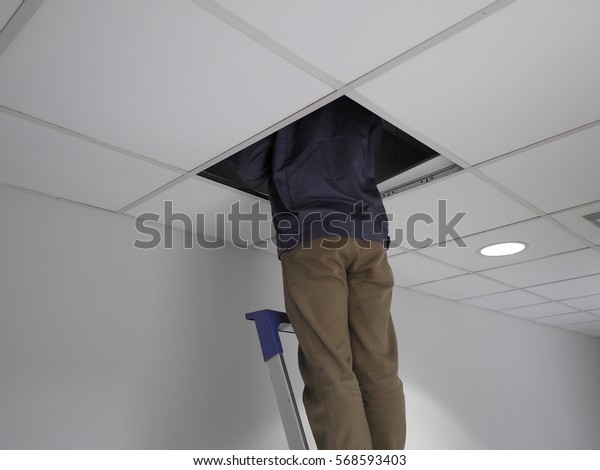 Technician Install Suspended Ceiling Office Stock Photo