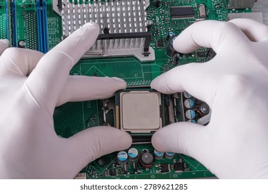 Technician Installing Processor Into Motherboard Socket During Desktop Computer Repair And Hardware Upgrade