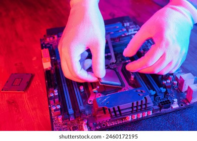 Technician laying CPU into the motherboard socket Computer service and upgrade concept. Processor close up in neon light