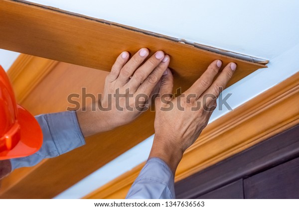 Technician Man Hand Checking Ceiling Wooden Stock Photo Edit Now