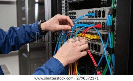 ​IT technician patching network switch, Server room cable management, Connecting LAN wires in data center, Professional wiring telecom patch panel, System administrator configuring server network, Colored Ethernet cables in rack unit, Structured cabling system installation, Data center infrastructure maintenance, Plugging RJ45 connectors into switch ports, Network hardware engineering and troubleshooting
