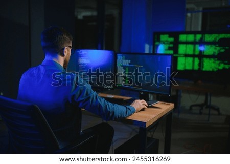 IT technician person with technology for typing code, future and data analytics.