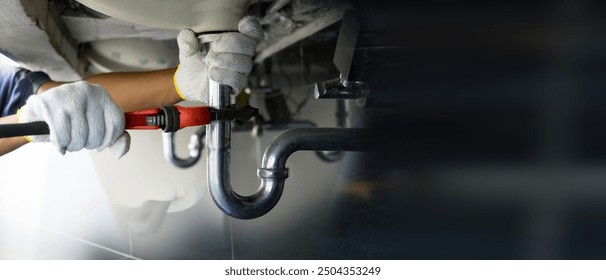 Technician plumber using a wrench to repair a water pipe under the sink. Concept of maintenance, fix water plumbing leaks, replace the kitchen sink drain, cleaning clogged pipes is dirty or rusty. - Powered by Shutterstock