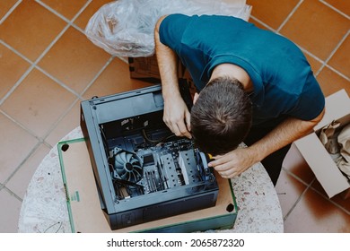 Technician Repair Assembles Computer At Home. Computer Repair, Assembling A Personal Computer. Working From Home. Technology Background. Pc Build. Installing Hardware Components.