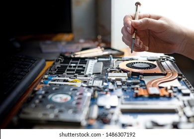 Technician Repairing Broken Laptop Notebook Computer With Screwdriver