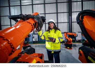 Technician in safety gear oversees robotic arms in a high-tech industrial facility, using a tablet to manage operations. Bright lighting enhances the organized workspace. - Powered by Shutterstock