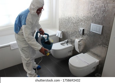 A Technician Is Sanitizing An Hotel Room In Prague, Using Steam And Ozone,  After The Coronavirus SARS-CoV-2 COVID-19 Pandemic