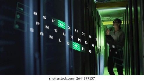 Technician in shirt and slacks inspecting server racks in data center, with hologram, copy space. Futuristic, cybersecurity, digital, technology, professional, innovation, infrastructure