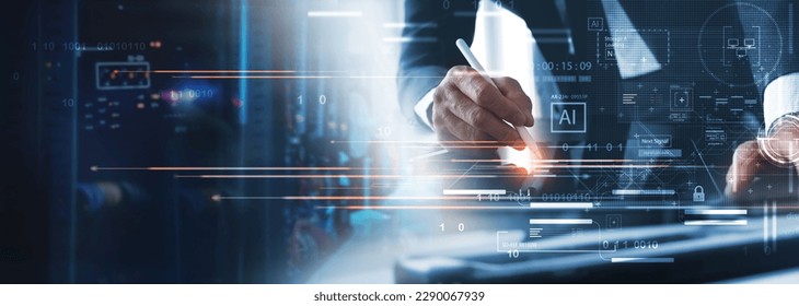 IT Technician, software engineer working with big data on digital tablet and AI connecting with data center, data engineering, digital technology, machine learning, software engineering concept