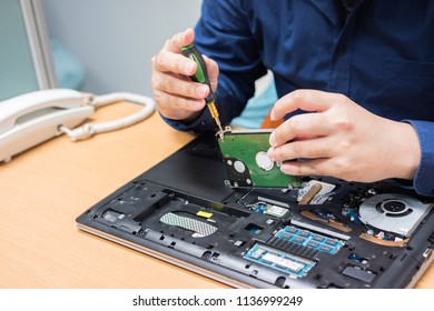 Technician Support Upgrade Part And Fixing Laptop. Select Focus, Computer Repair Concept.