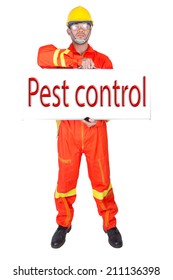 Technician In Uniform Holding Toolbox And Word Pest Control On White Banner Against White Background Isolated On White Background 