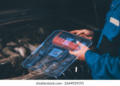A technician uses augmented reality on a transparent tablet to analyze a car engine, displaying battery status and energy efficiency data.