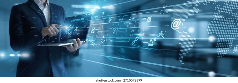 Technician using laptop analyzing and development 5G technology systems. Ultra-fast network solutions connecting smart devices, global communication, innovation, mobility, connectivity. - Powered by Shutterstock - Get 15% off with code: PIKWIZARD15