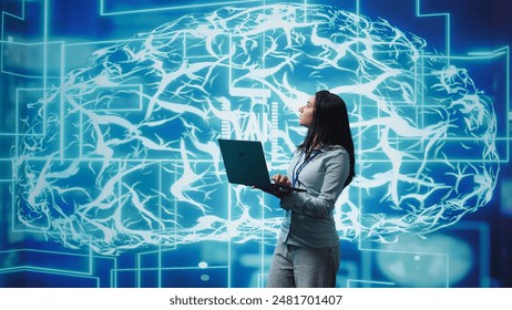 Technician using laptop to maintenance artificial intelligence neural networks made up of interconnected nodes layers. Admin using AI system aiding in processing and transmitting information, camera B - Powered by Shutterstock